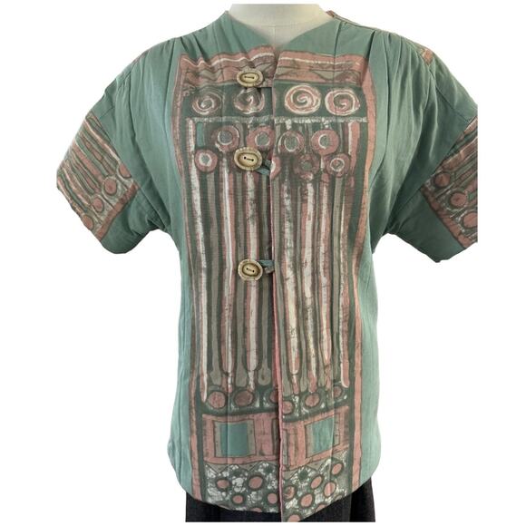 OOAK Quilted Patterened Retro green top jacket short sleeves button front medium - Picture 4 of 11